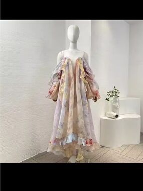 Designer Watercolor Ruffle Off-Shoulder Maxi Dress